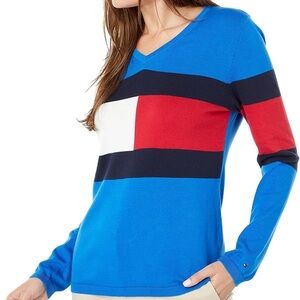 Tommy Hilfiger NWT Preppy V Neck Bold Colorblock 100% Cotton Knit Sweater size M